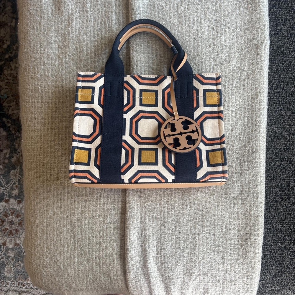 Tory Burch Hexagon Pattern Tote - Navy, Gold, Tan